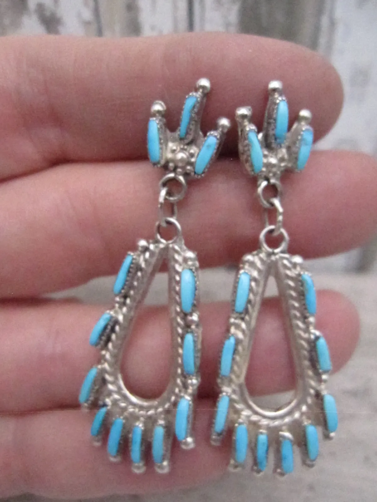 Native American Made Blue Turquoise Needlepoint Dangle Earrings.