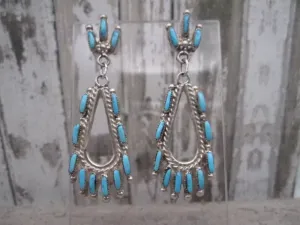 Native American Made Blue Turquoise Needlepoint Dangle Earrings.