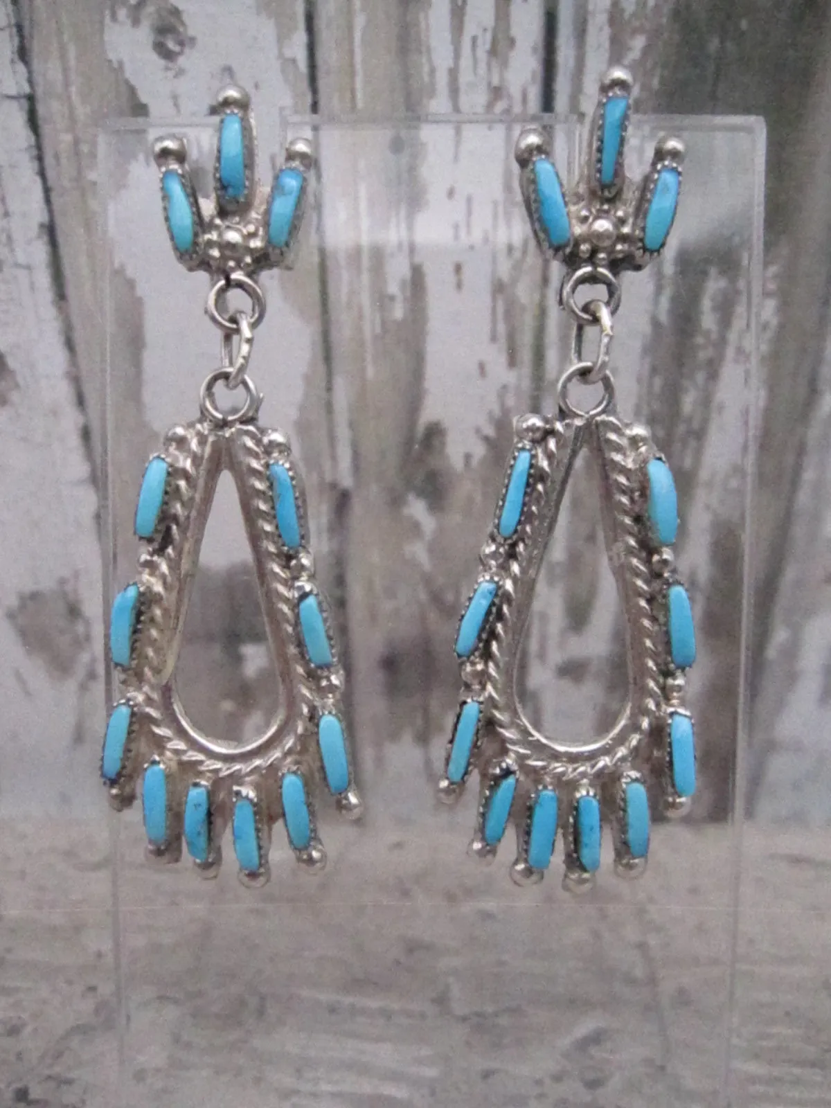 Native American Made Blue Turquoise Needlepoint Dangle Earrings.