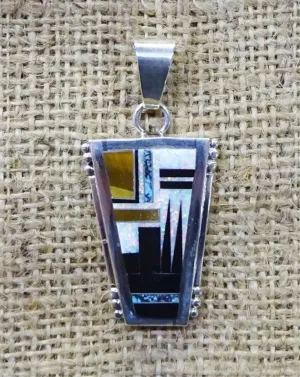 Native American Made Tiger Eye and Opal Inlaid Sterling Silver Pendant