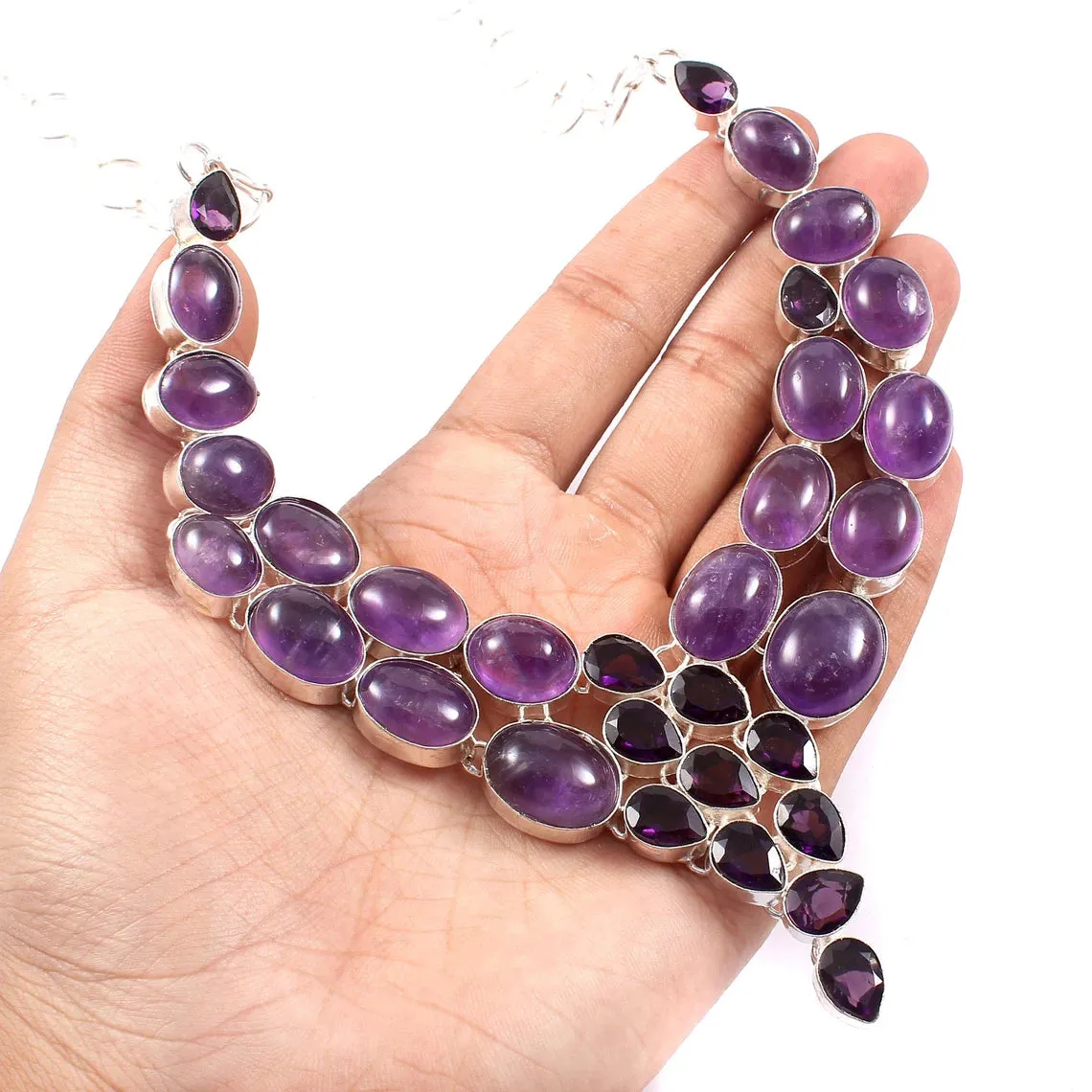 Natural Amethyst Bib Necklace For Women - 925 Sterling Silver Vintage Necklace