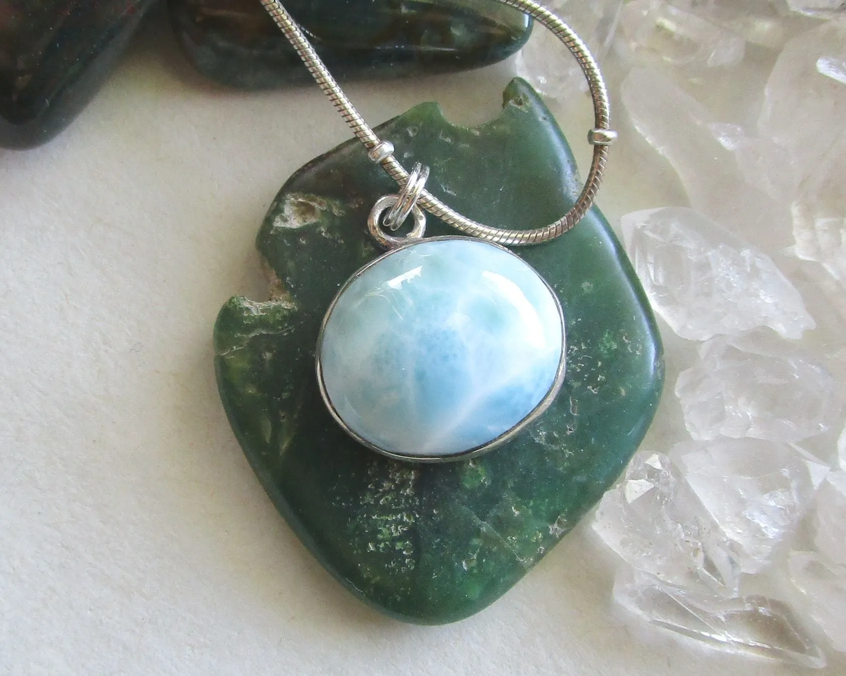 Natural Larimar Gemstone Sterling Silver Pendant Necklace