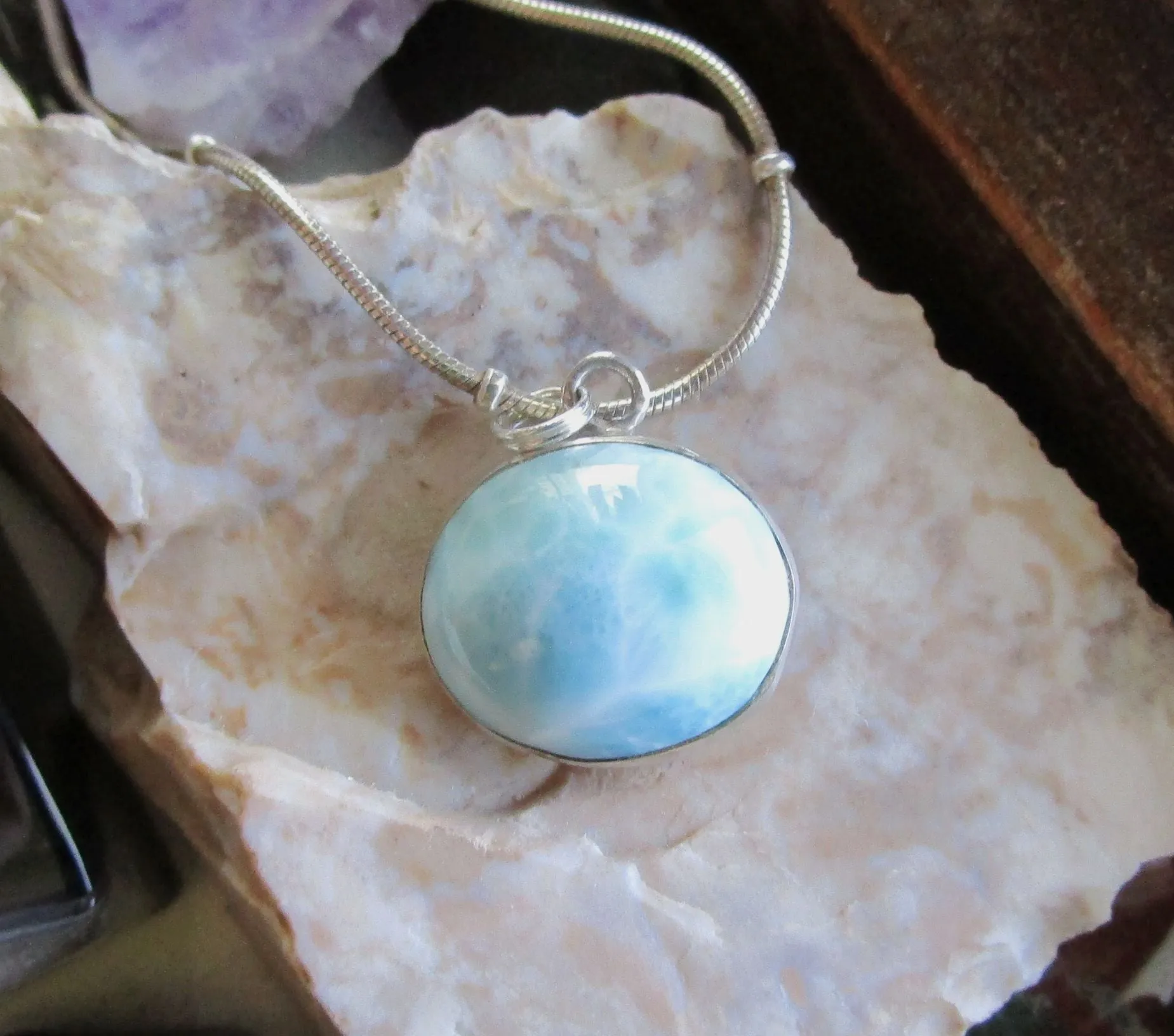 Natural Larimar Gemstone Sterling Silver Pendant Necklace