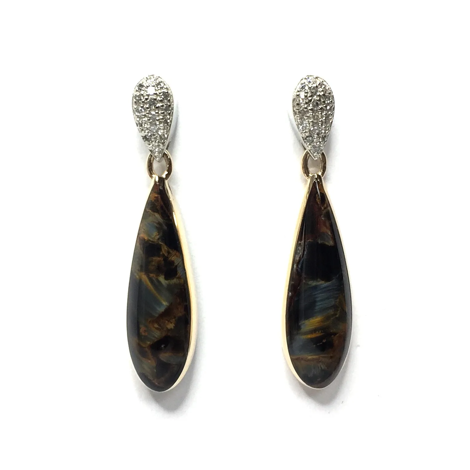 Natural pietersite inlaid tear drop shape .22ctw diamond earrings