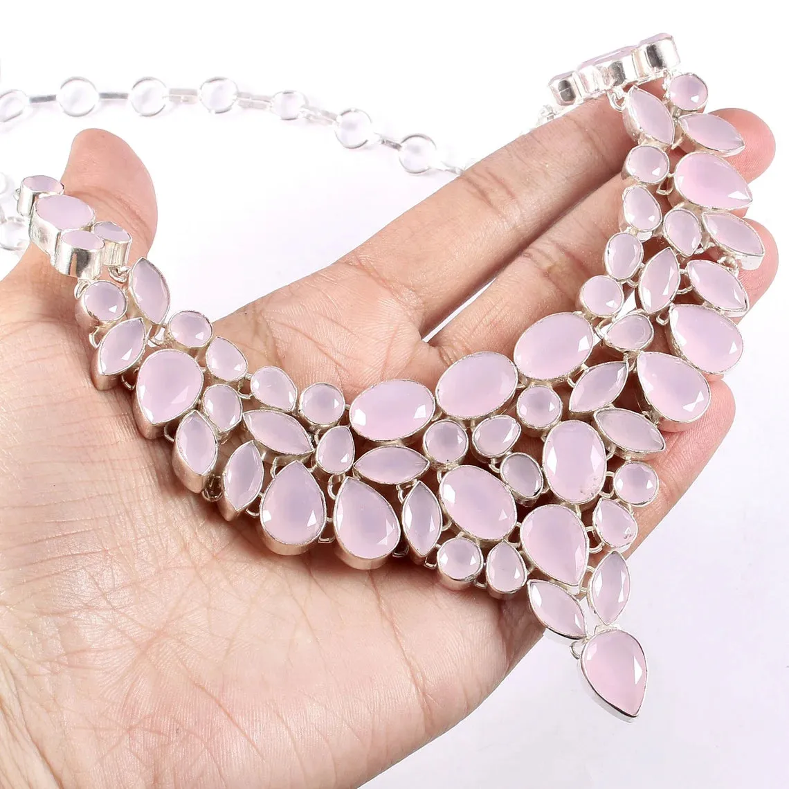 Natural Rose Quartz Bib Necklace For Wedding - 925 Sterling Silver Necklace