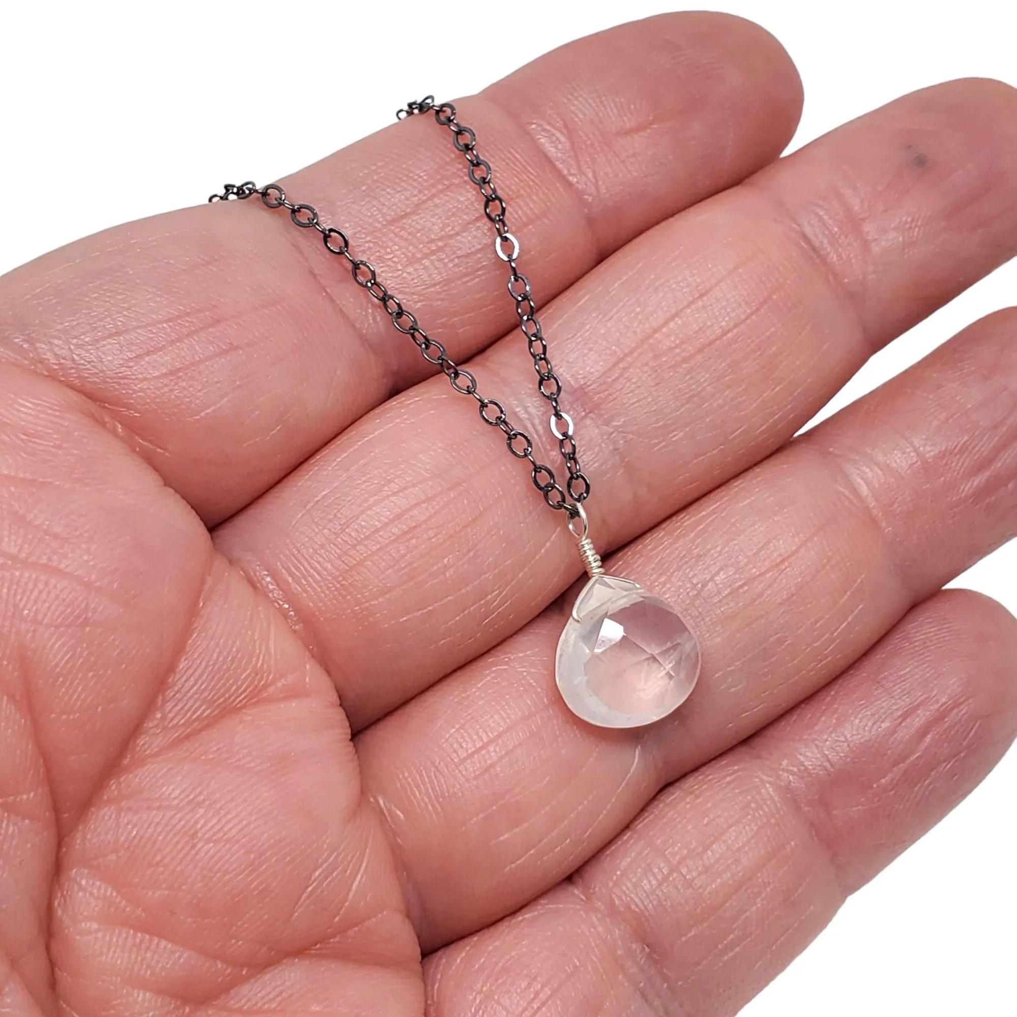 Necklace - Blush Rose Quartz Gemstone Oxidized Sterling by Foamy Wader