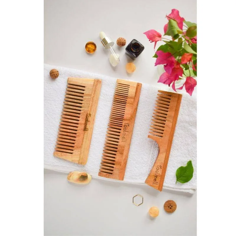 Neem wood Combs Pack | Dual tooth comb, Handle comb, Detangle comb | All about Hair Care | 3 in one