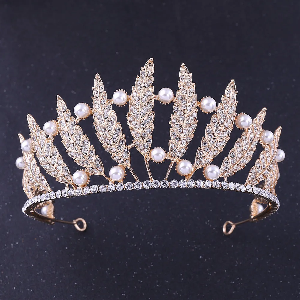 New style leaf princess hair accessories rhinestone pearl tiara baroque crown bride wedding accessories