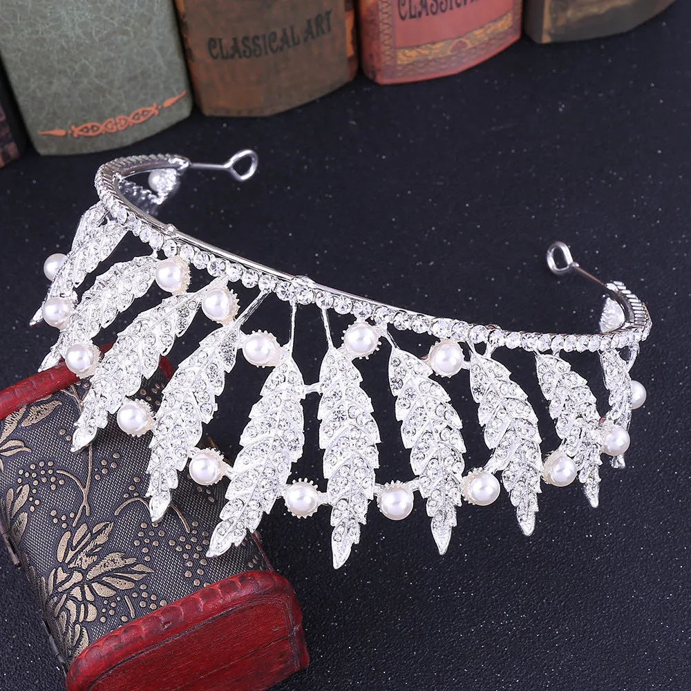 New style leaf princess hair accessories rhinestone pearl tiara baroque crown bride wedding accessories