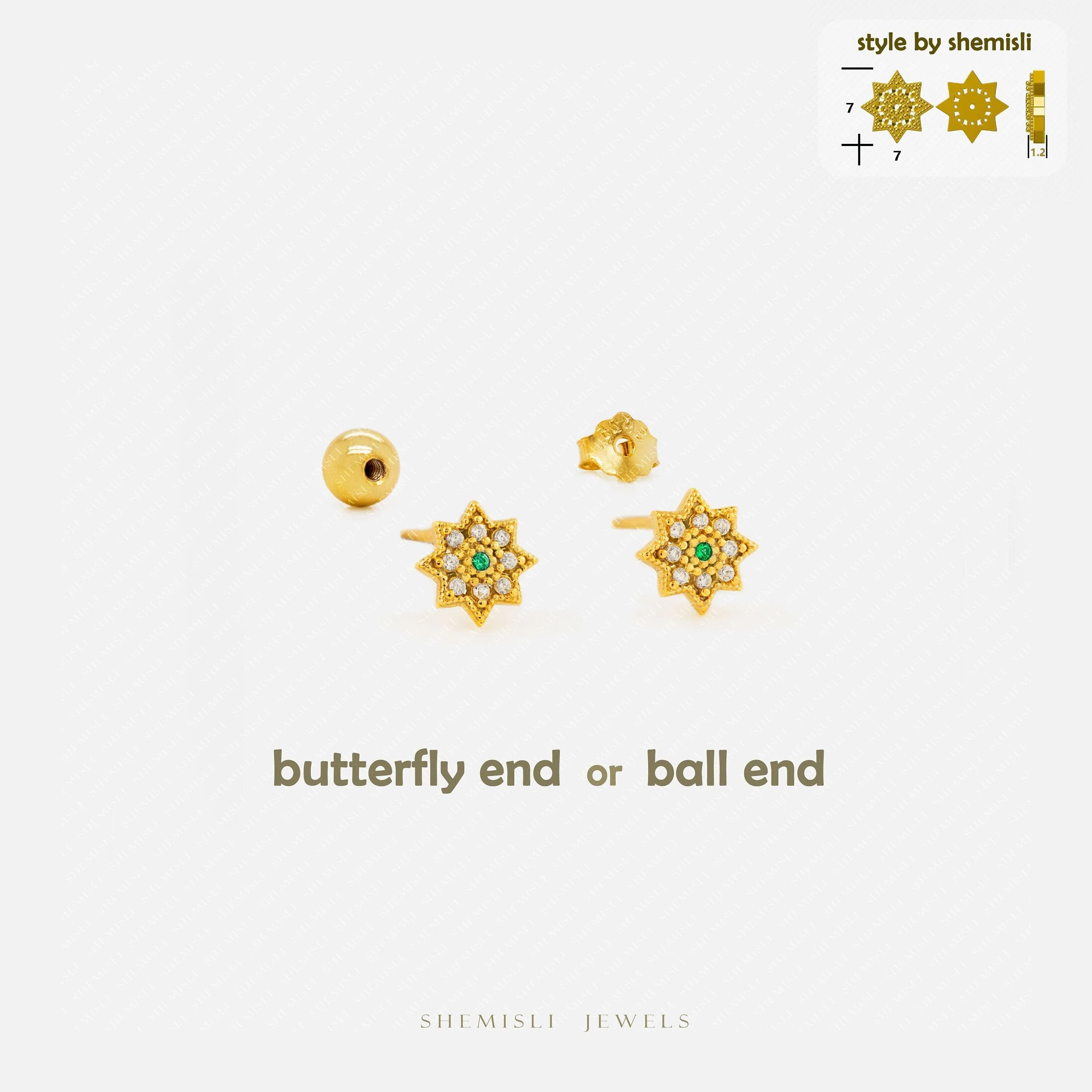 North Star Studs With White and Emerald Stones Unisex, Gold, Silver SHEMISLI SS651 Butterfly End, SS652 Screw Ball End (Type A)