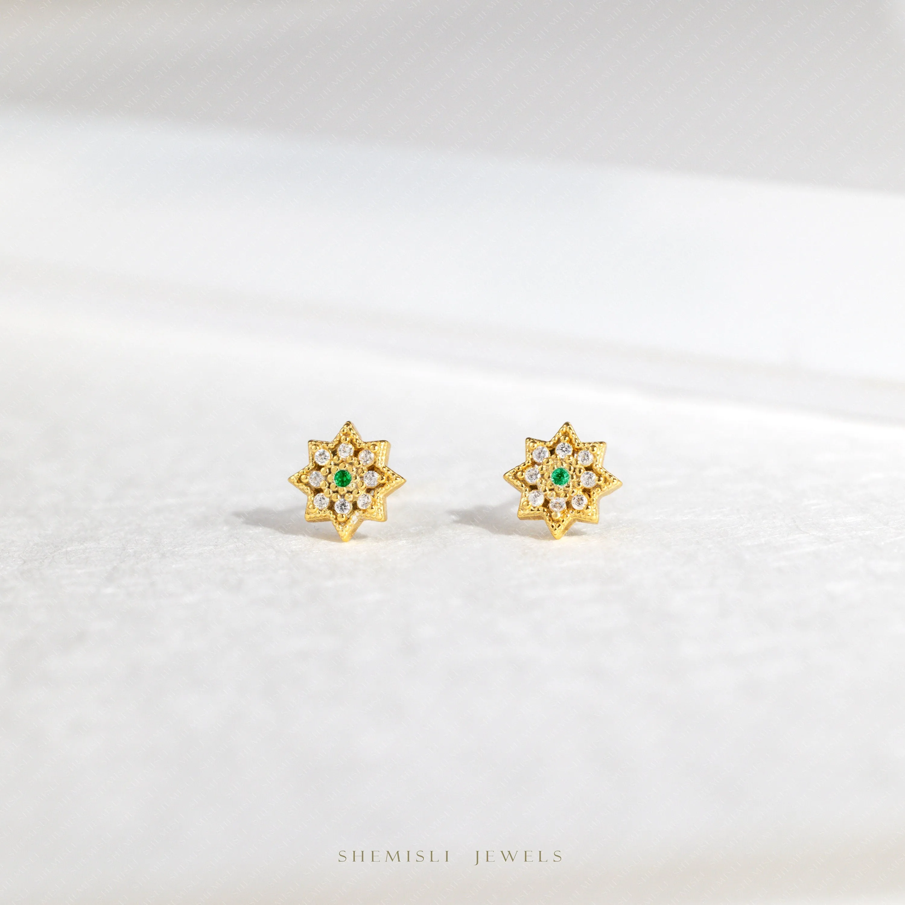 North Star Studs With White and Emerald Stones Unisex, Gold, Silver SHEMISLI SS651 Butterfly End, SS652 Screw Ball End (Type A)