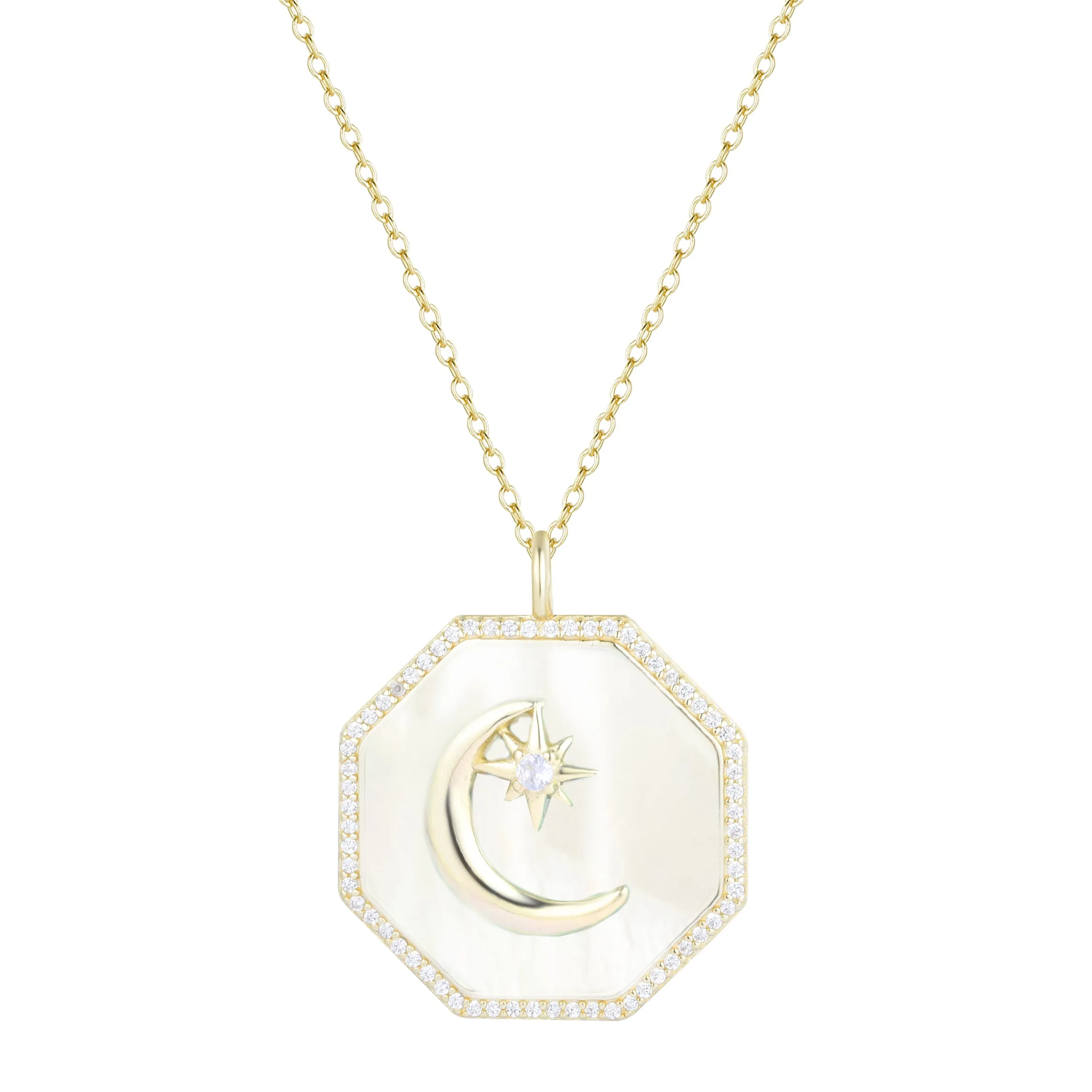 Octagon Moon Medallion Necklace - Pearl