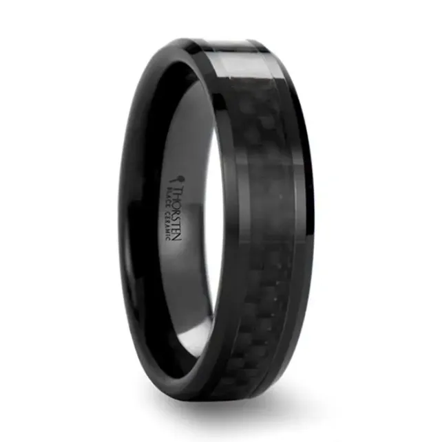 ONYX Black Carbon Fiber Inlaid Black Ceramic Wedding Band 6mm or 8mm