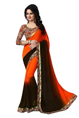 Oomph! Georgette Saree With Printed Skirt and Ombre Pallu (Half and half Fire Orange)