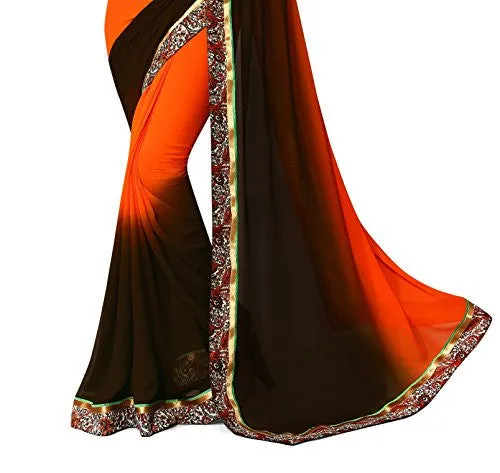 Oomph! Georgette Saree With Printed Skirt and Ombre Pallu (Half and half Fire Orange)