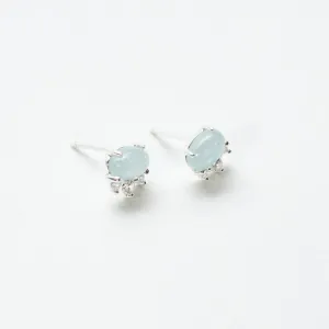 Oval Aquamarine & CZ Silver Studs