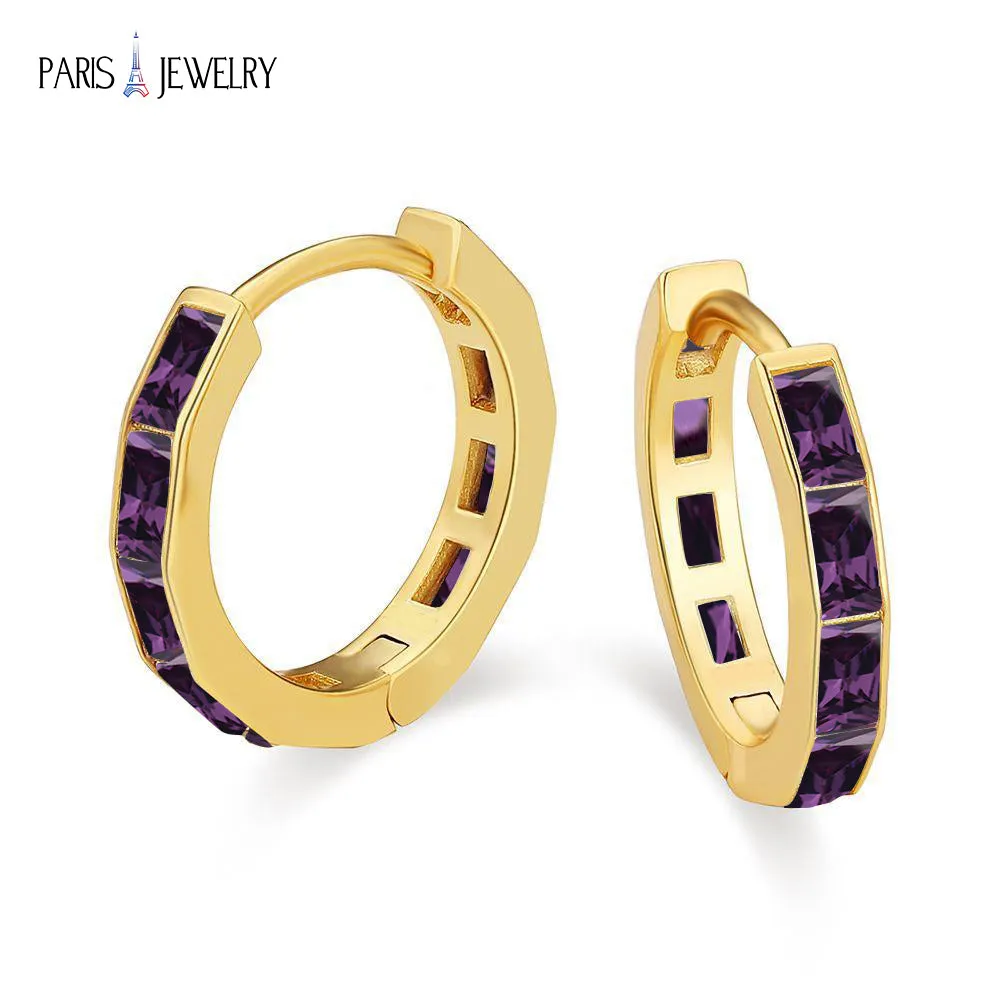 Paris Jewelry 18K Yellow Gold Created Deep Amethyst 3Ct Emerald Cut Huggie Hoop Earrings Plated