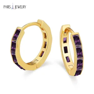 Paris Jewelry 18K Yellow Gold Created Deep Amethyst 3Ct Emerald Cut Huggie Hoop Earrings Plated