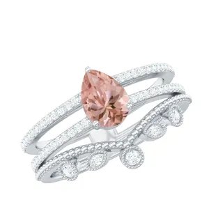 Pear Cut Natural Morganite and Diamond Wedding Ring Set