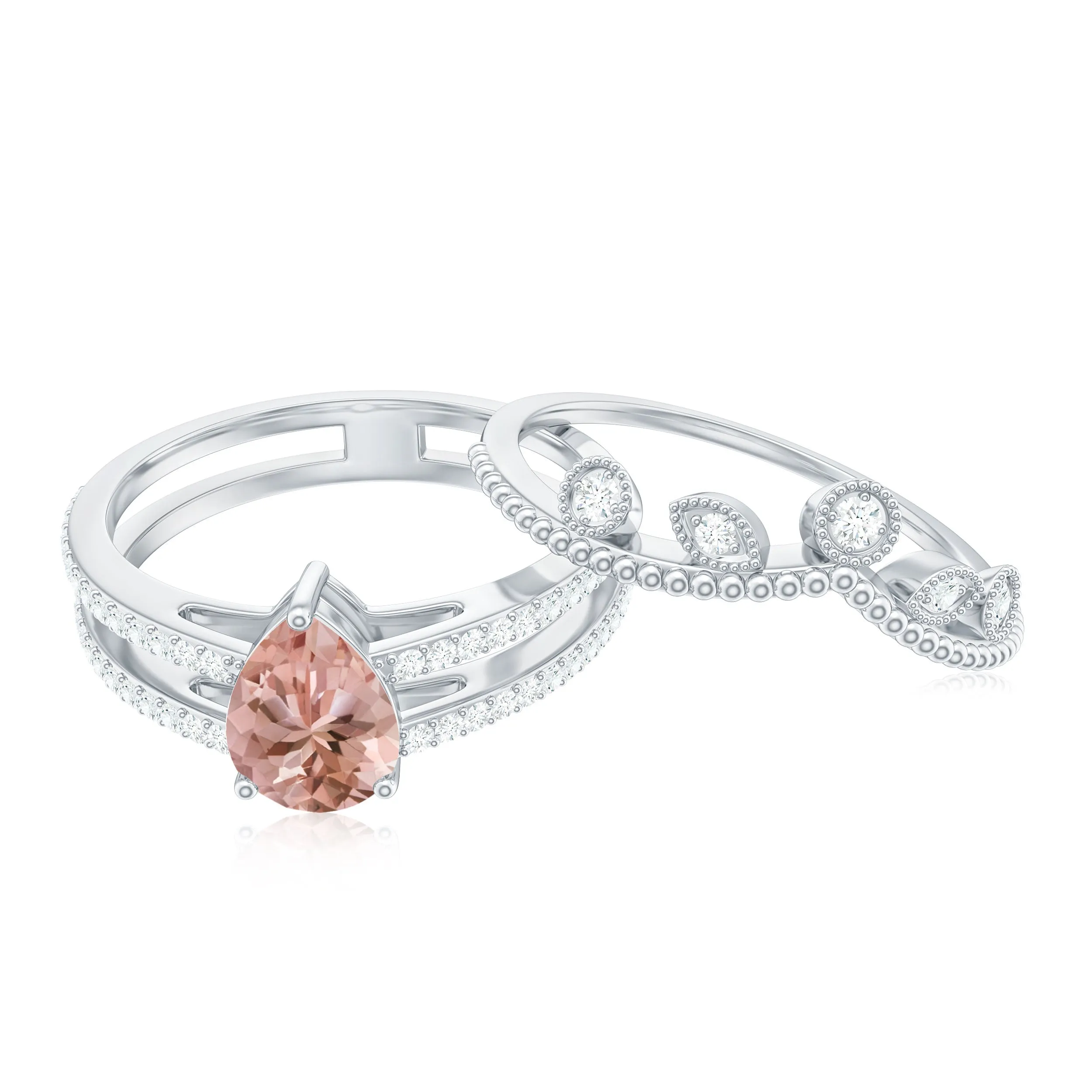 Pear Cut Natural Morganite and Diamond Wedding Ring Set