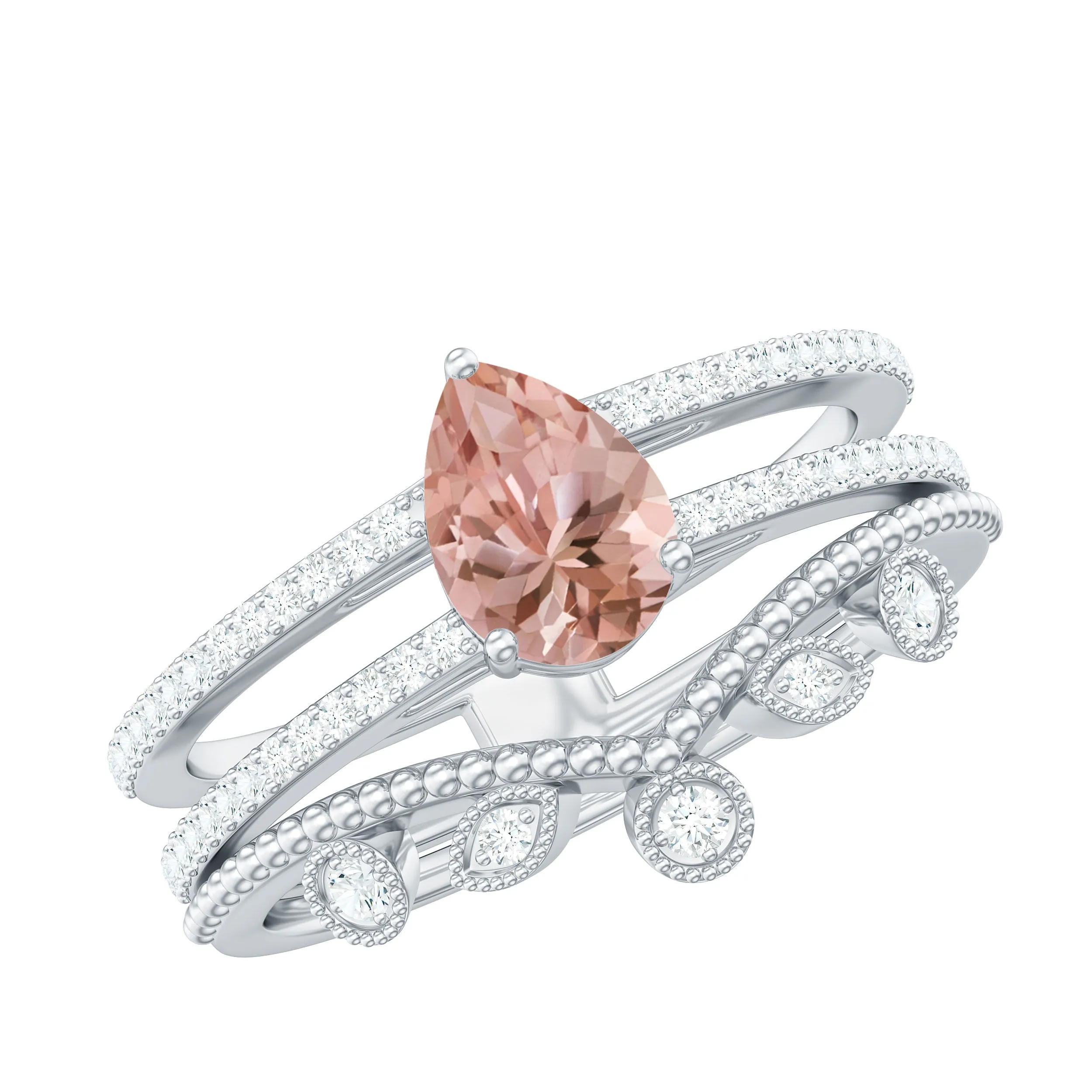 Pear Cut Natural Morganite and Diamond Wedding Ring Set