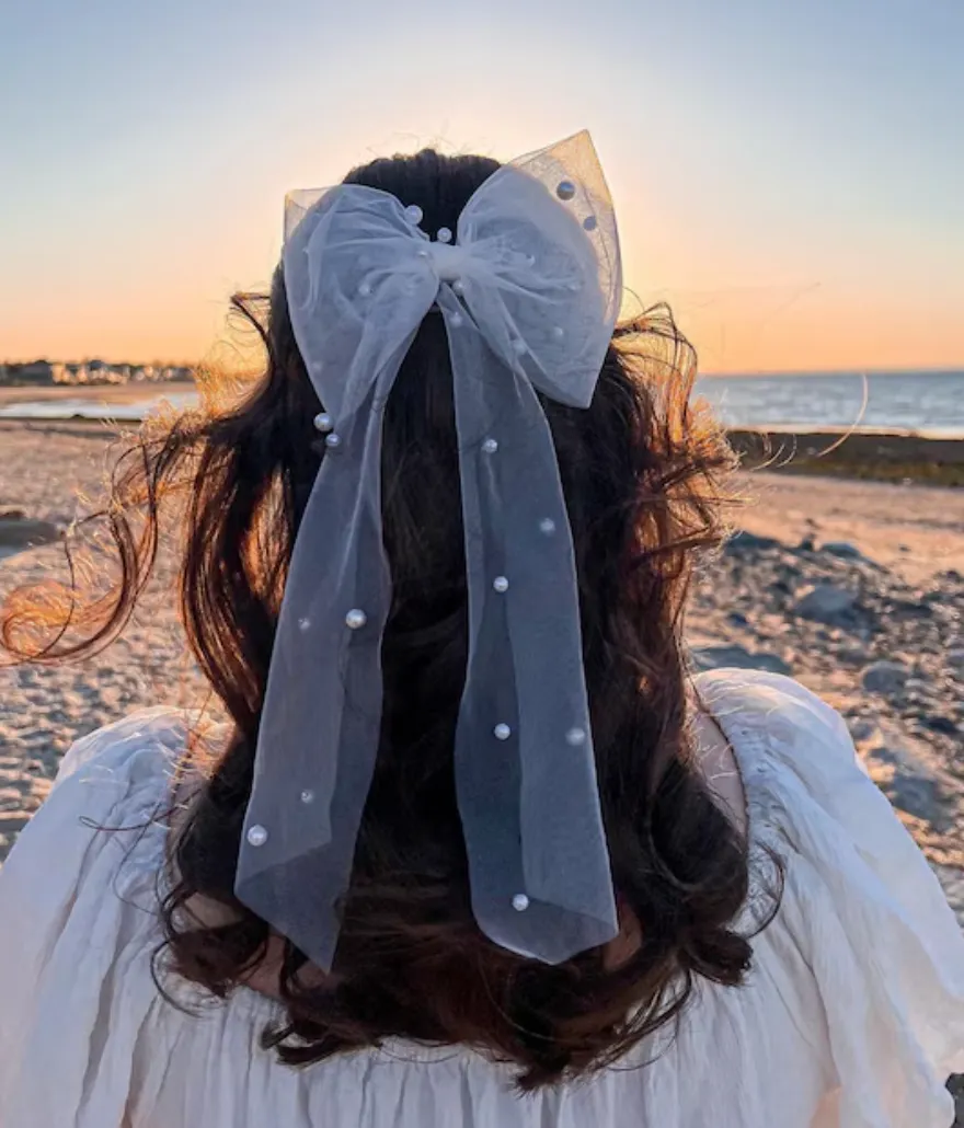 Pearl Embellished Tulle Hair Bow