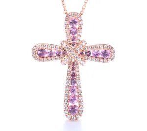 Pink Sapphire and Diamond Cross Pendant