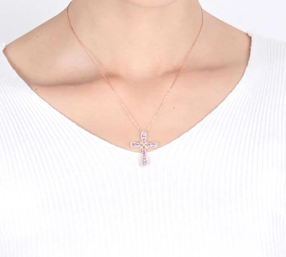 Pink Sapphire and Diamond Cross Pendant