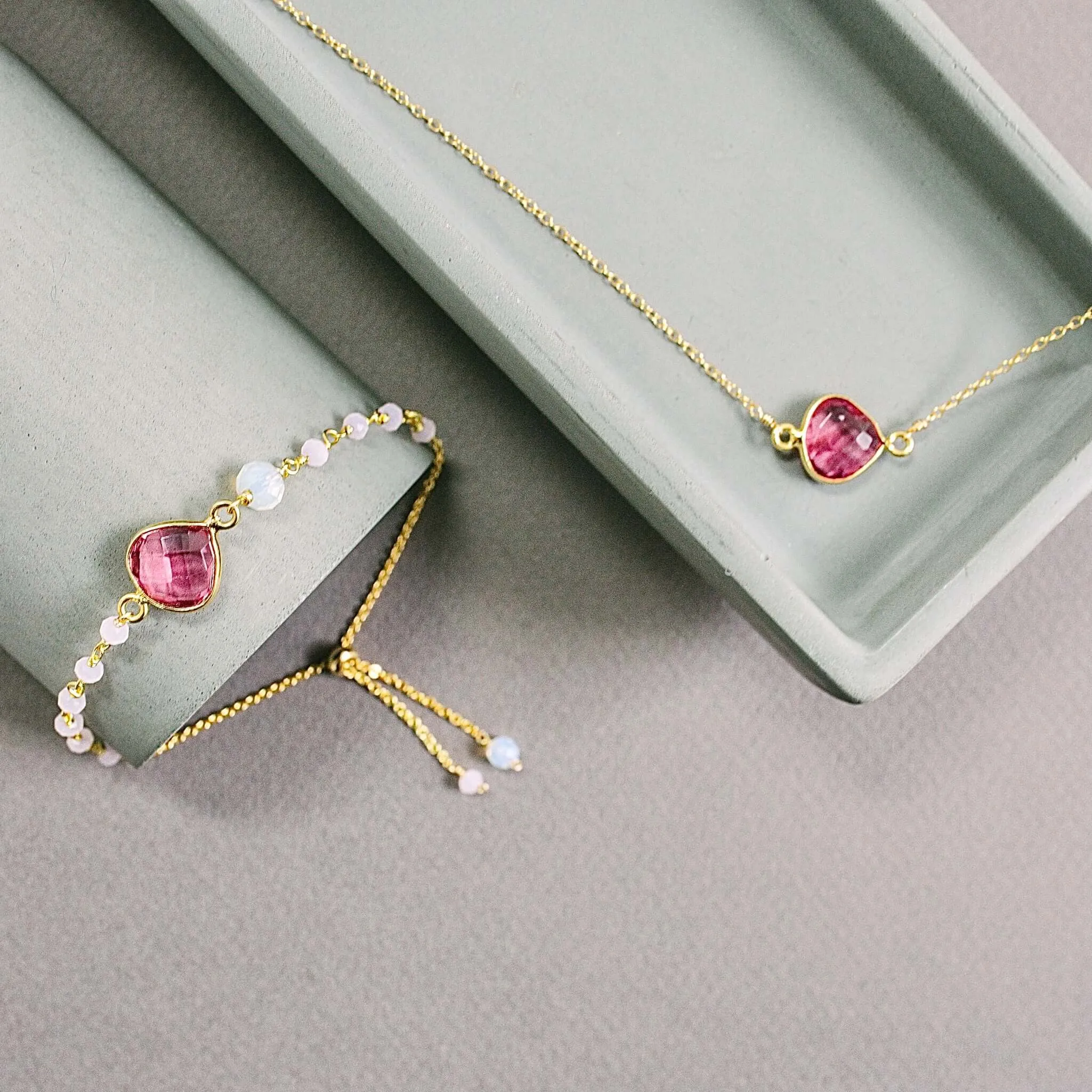 Pink Tourmaline Quartz Bracelet and Necklace Set