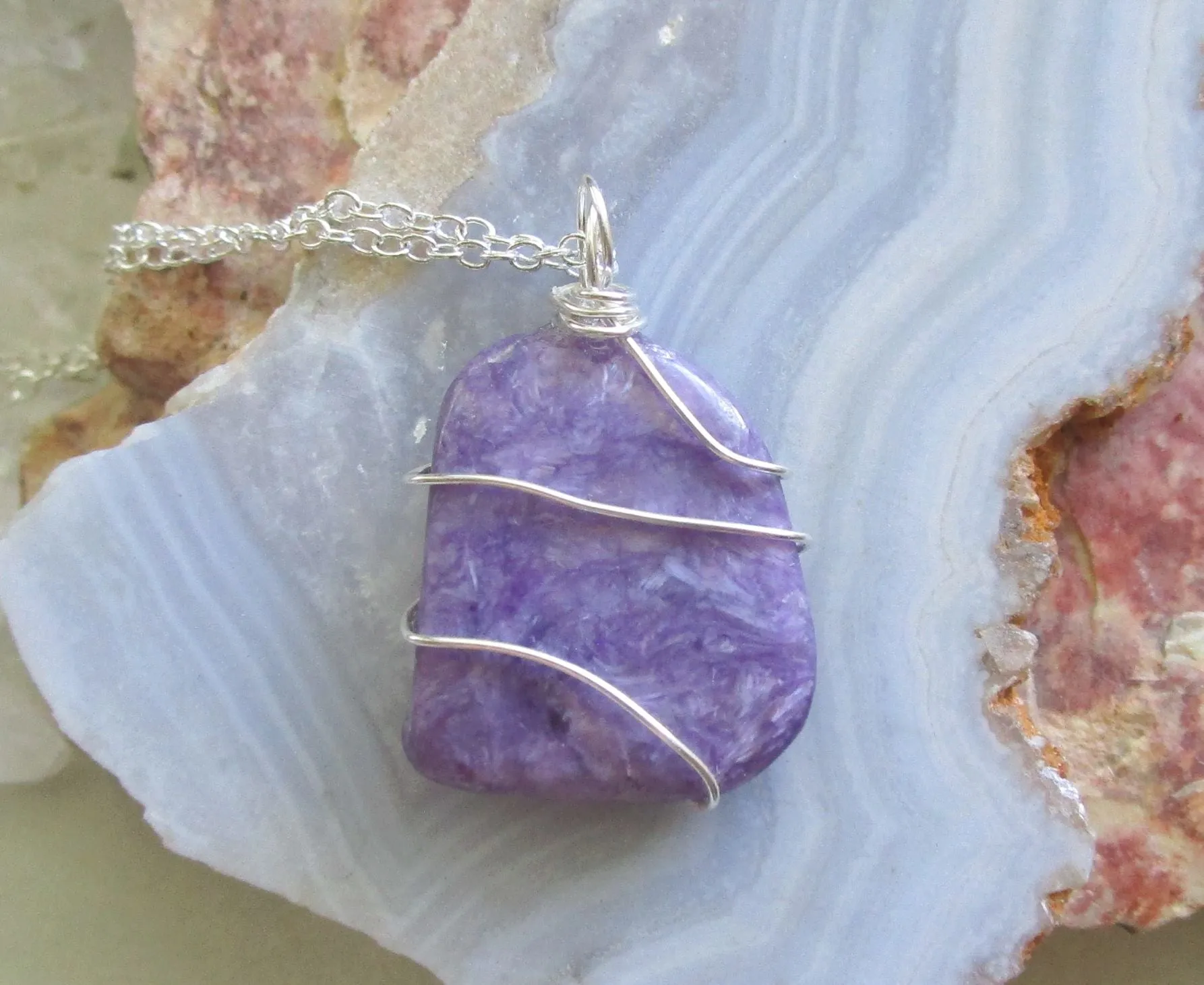 Purple Charoite Natural Gemstone Crystal Pendant Necklace