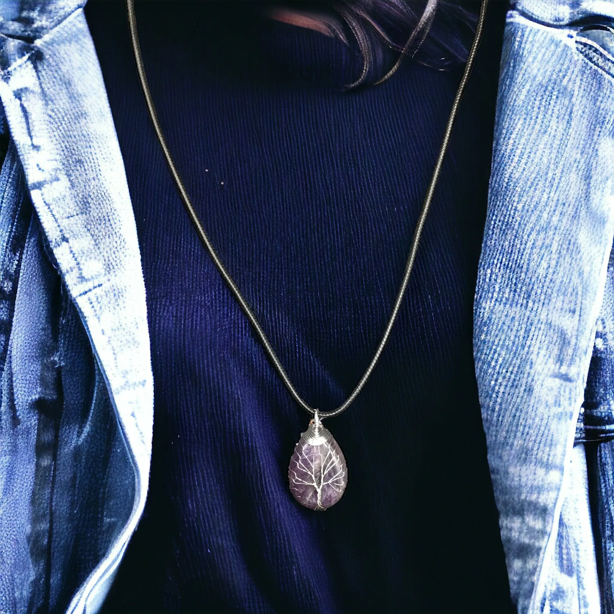 Purple Gemstone Pendant Wrapped w/ Silver Tree of Life