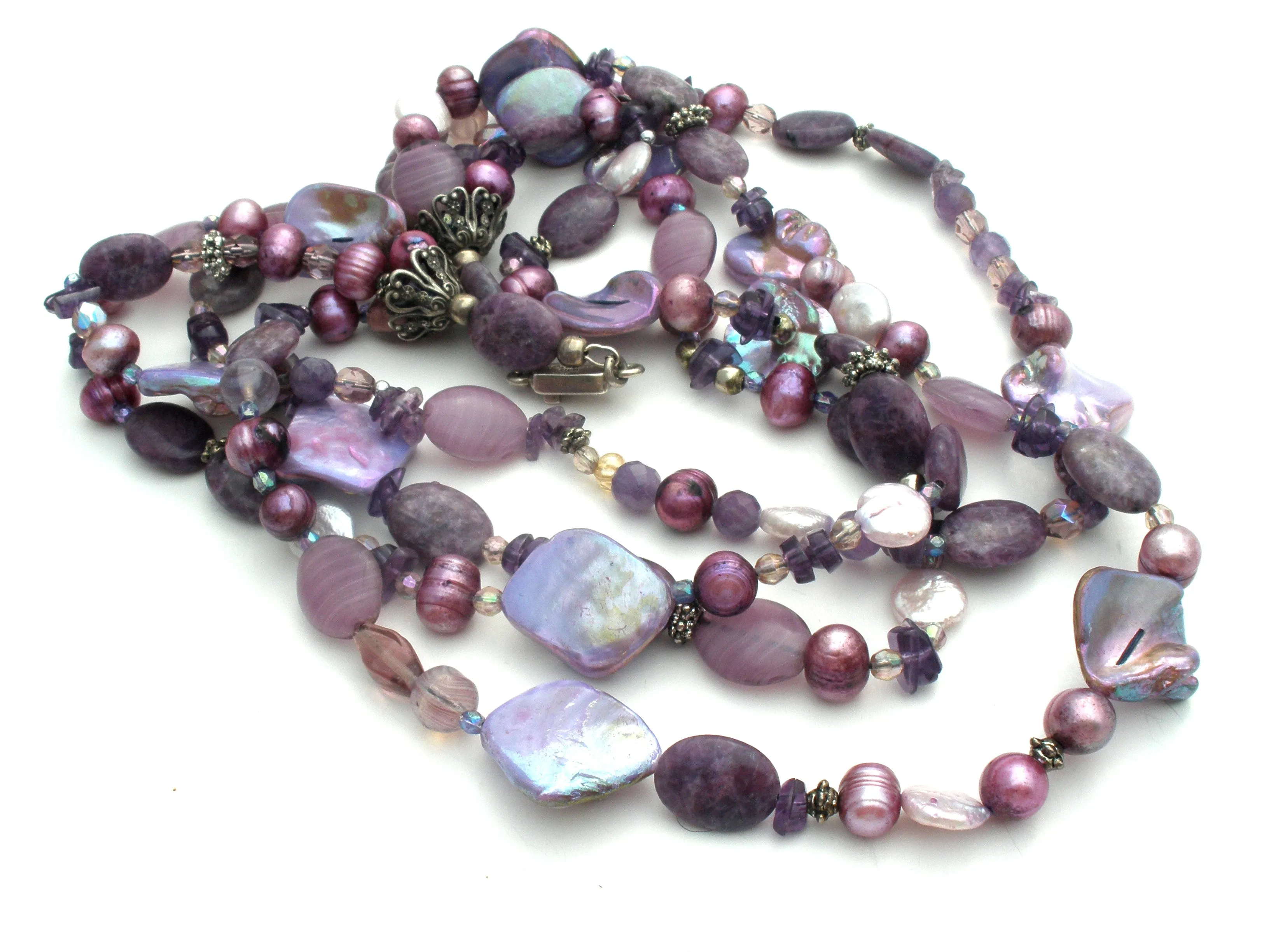 Purple Shell Amethyst Agate Pearl Sterling Necklace