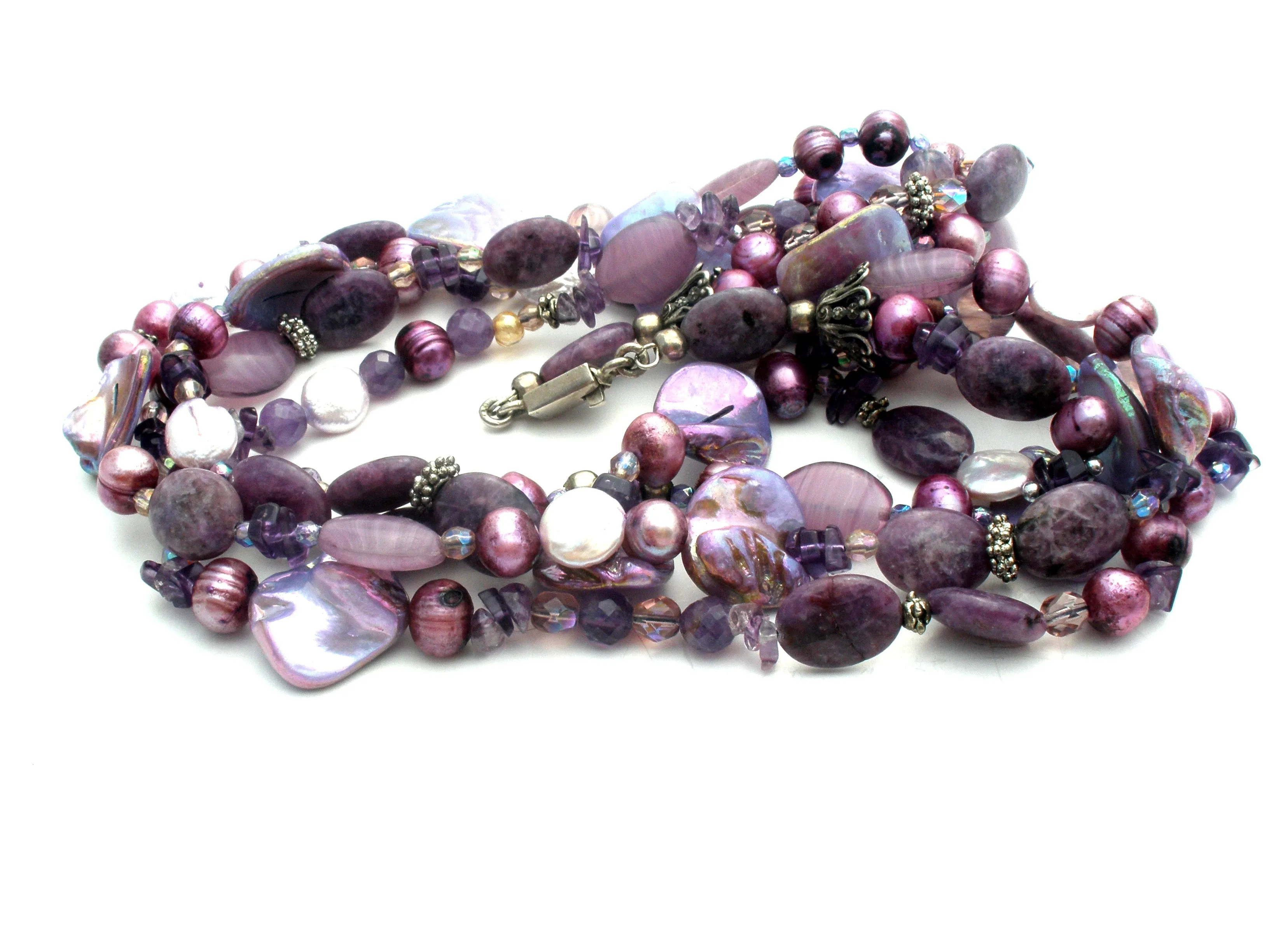 Purple Shell Amethyst Agate Pearl Sterling Necklace