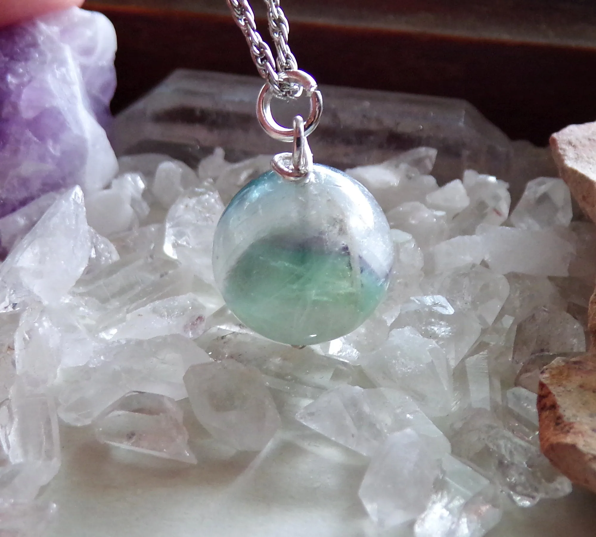 Rainbow Fluorite Multicolor Gemstone Crystal Ball Pendant Necklace