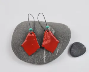 Red India Enameled Earring on Oxidized Silver Hook