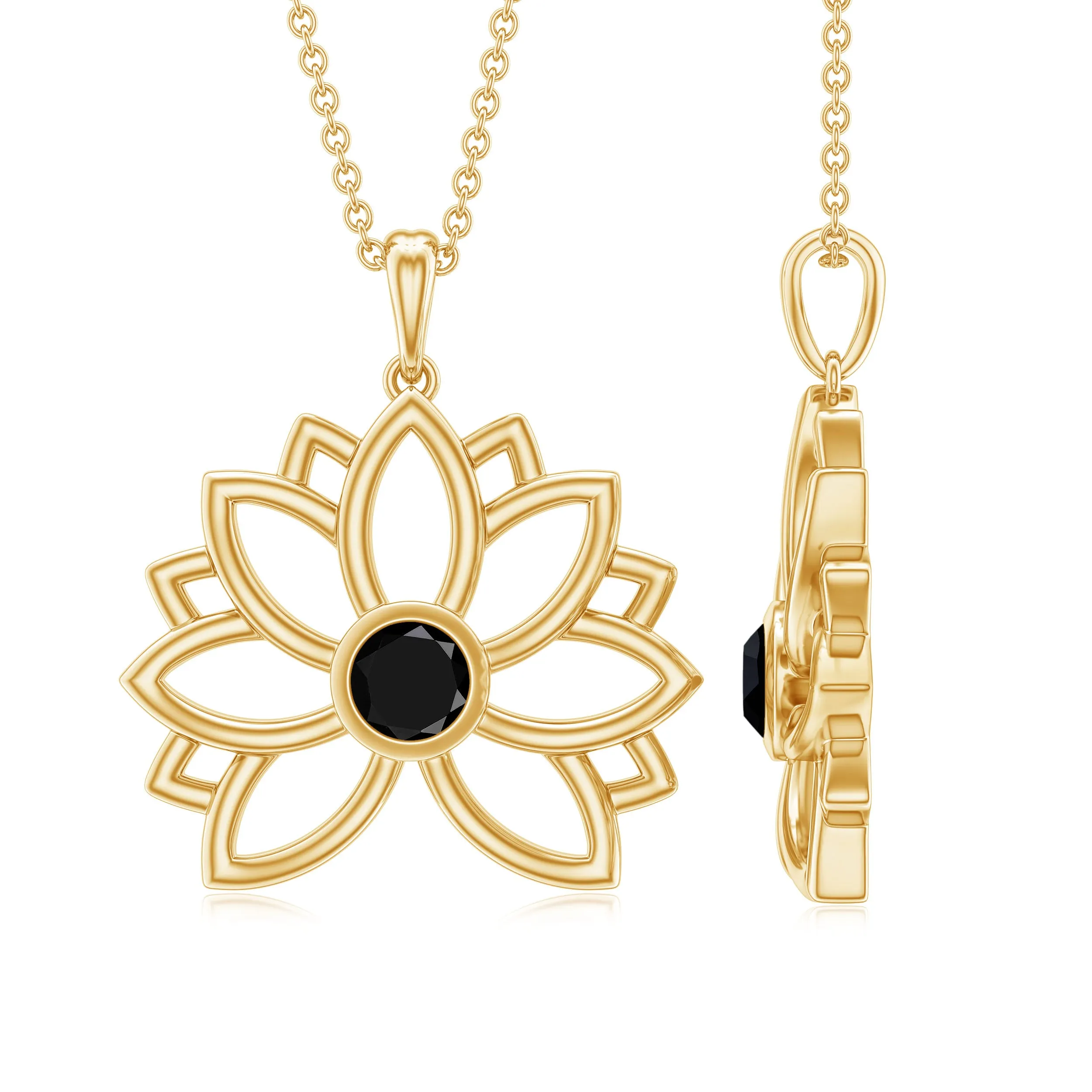 Round Cut Created Black Diamond Gold Lotus Flower Pendant