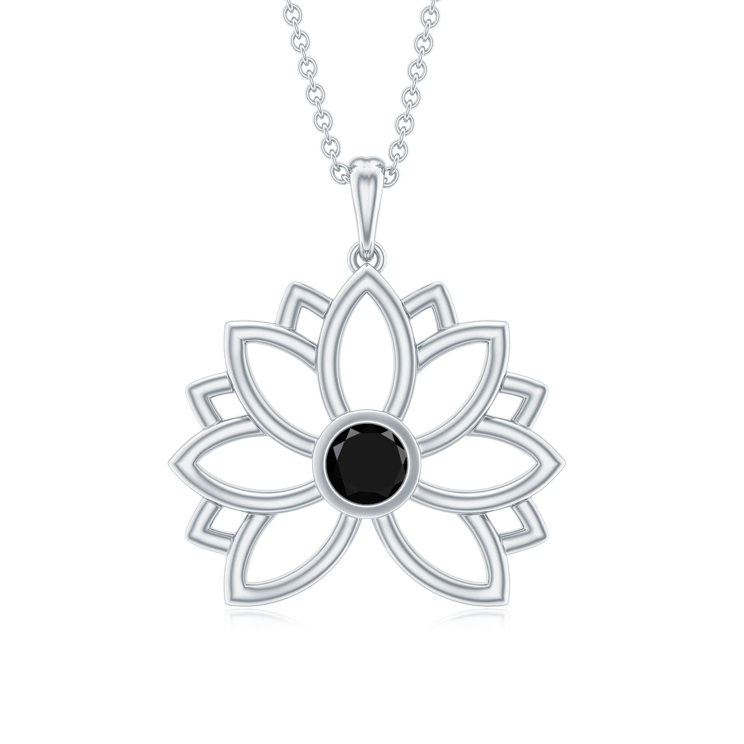 Round Cut Created Black Diamond Gold Lotus Flower Pendant