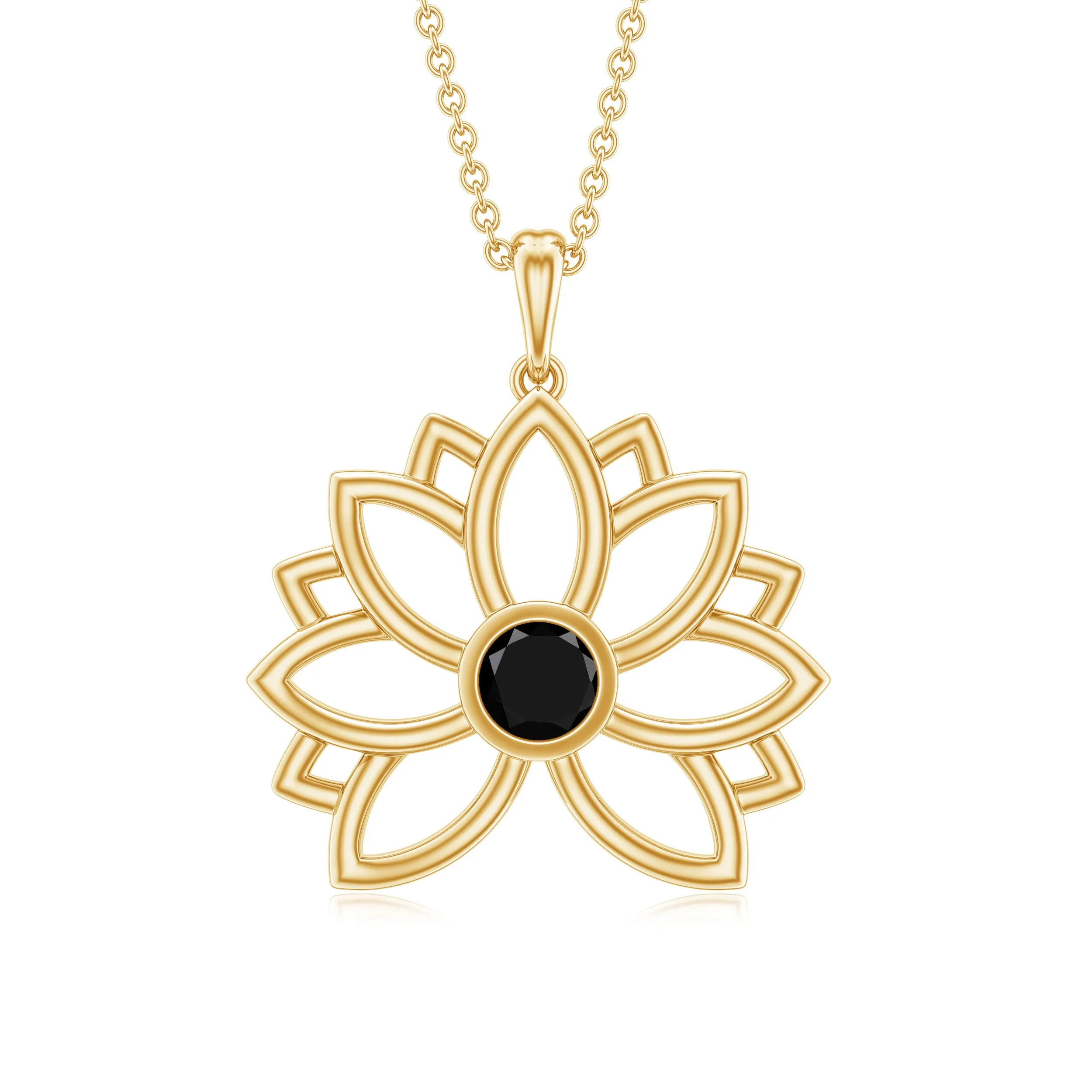 Round Cut Created Black Diamond Gold Lotus Flower Pendant