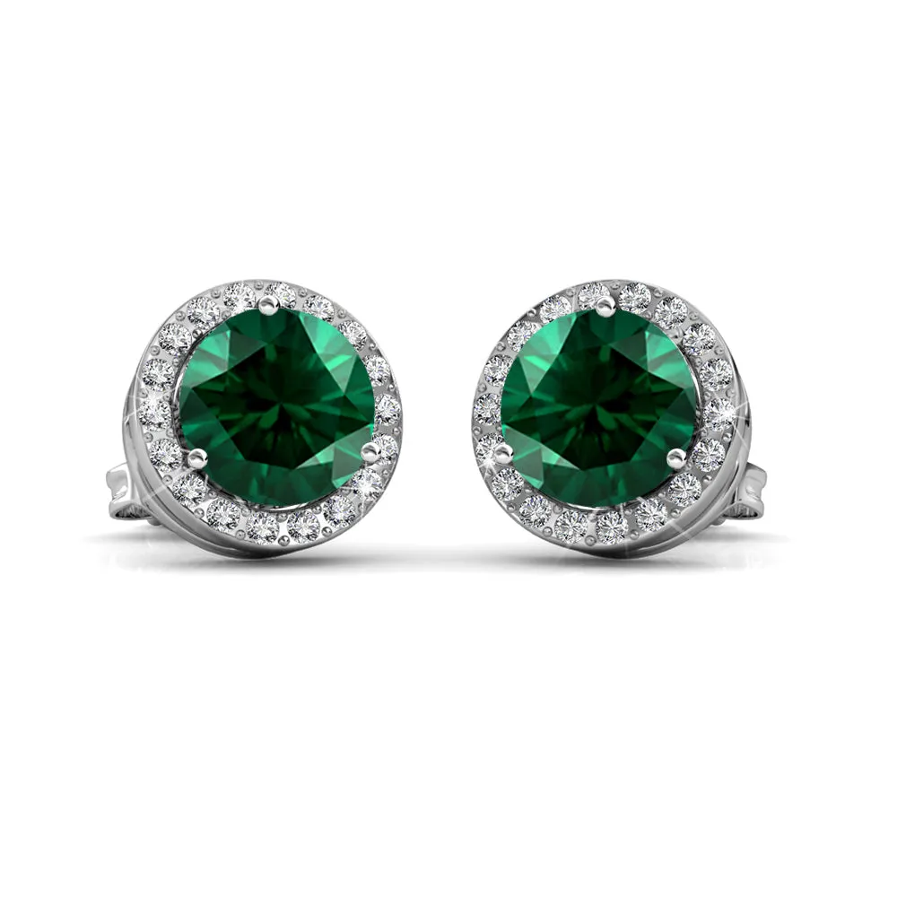 Royal May Birthstone Emerald Earrings, 18k White Gold Plated Silver Halo Earrings with Round Cut Crystals