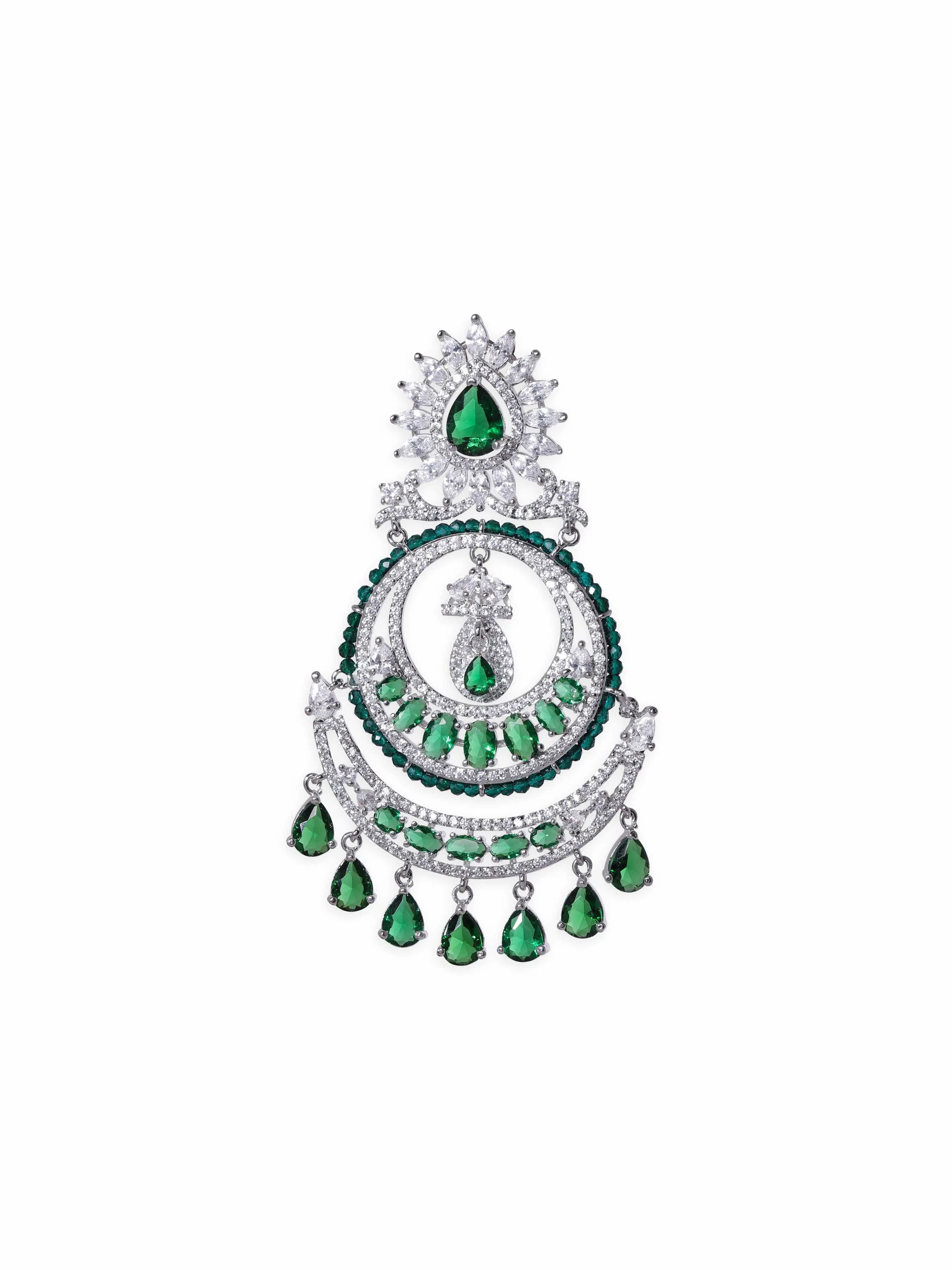 Rubans Exquisite Elegance Rhodium Plated Zirconia and Emerald studded Chandbali Earrings