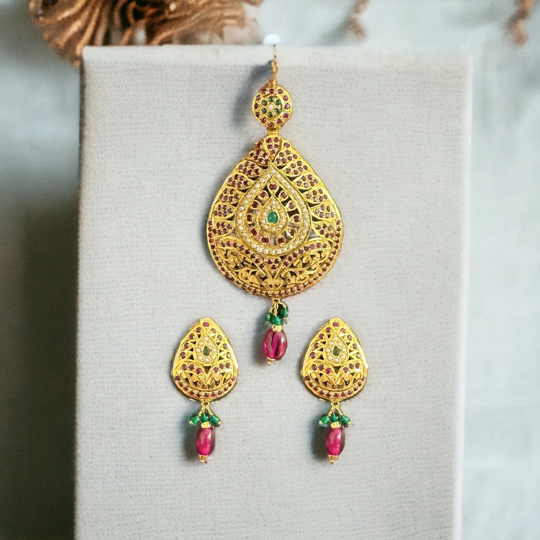 Ruby emerald jadau pendant with earrings in gold plated silver ( READY TO SHIP )