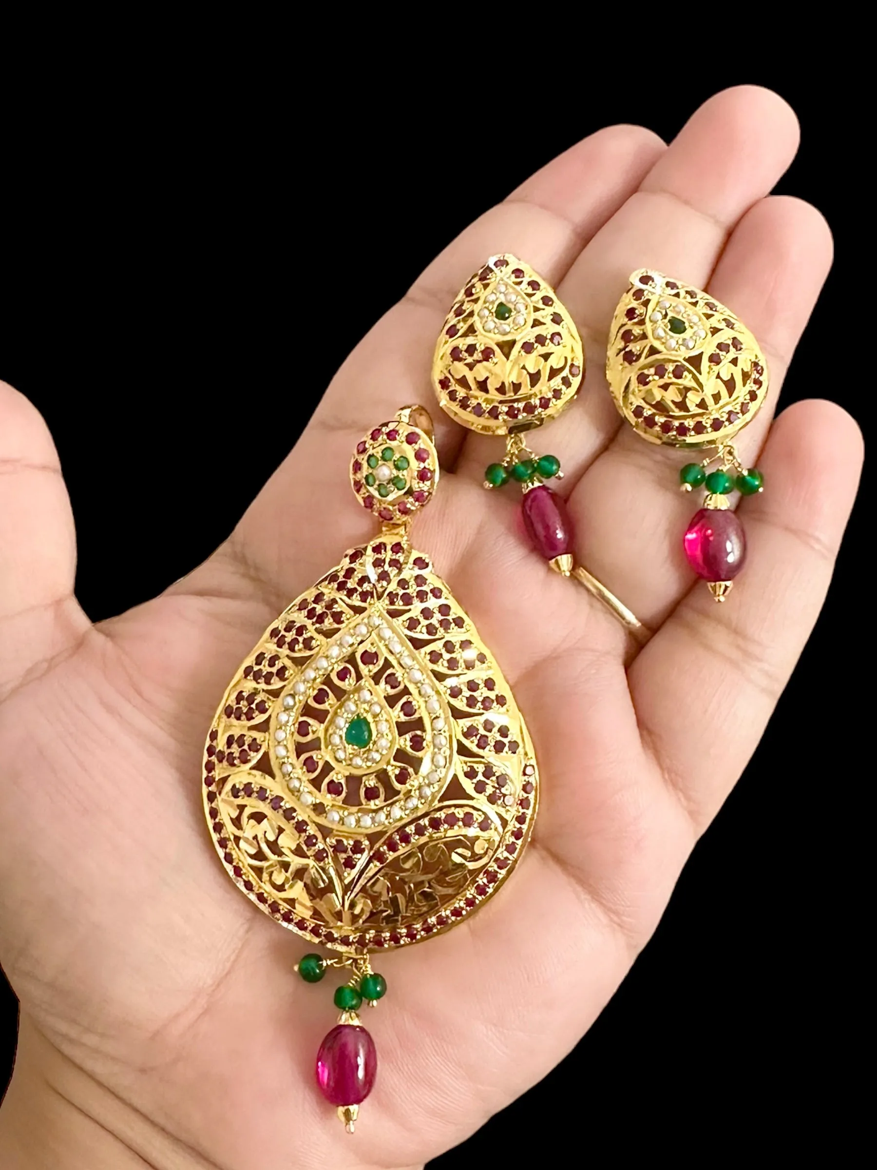 Ruby emerald jadau pendant with earrings in gold plated silver ( READY TO SHIP )