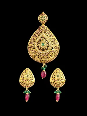 Ruby emerald jadau pendant with earrings in gold plated silver ( READY TO SHIP )