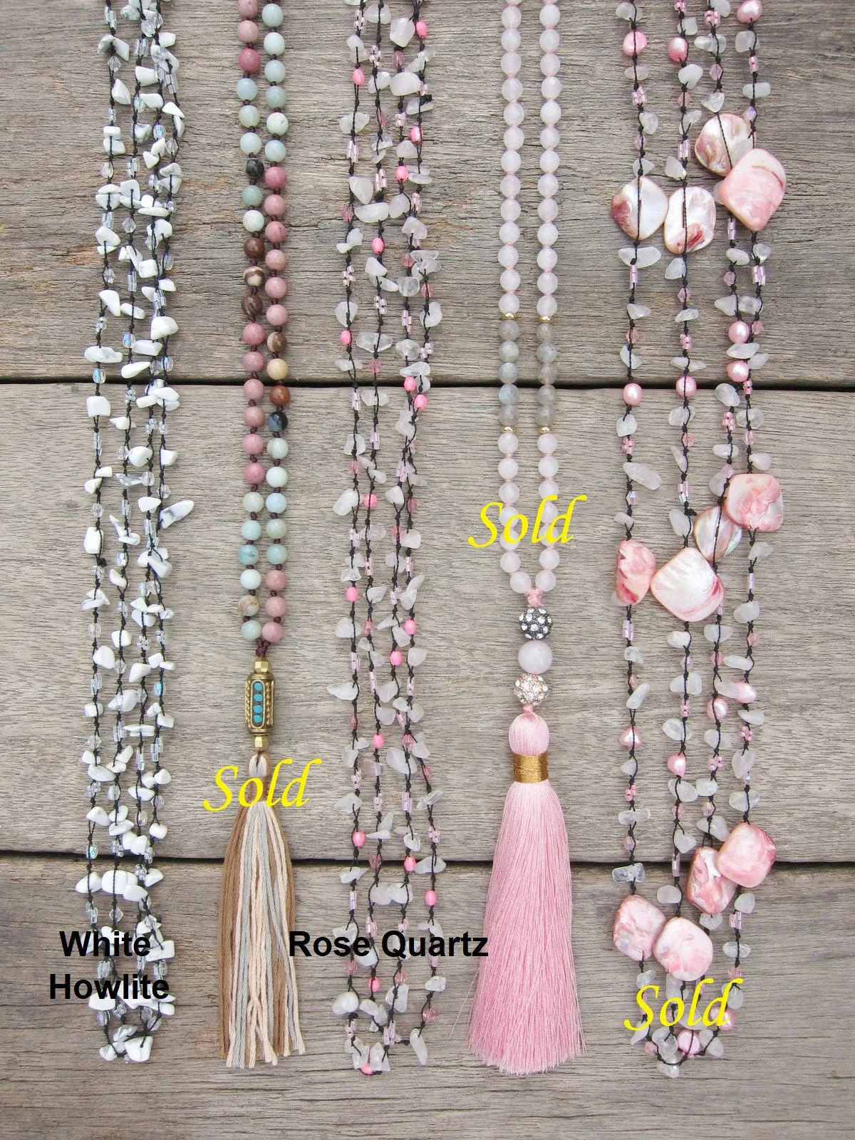 SALE - Bohemian Pink Opal, Rose Quartz Layering Necklaces - 60 inches long