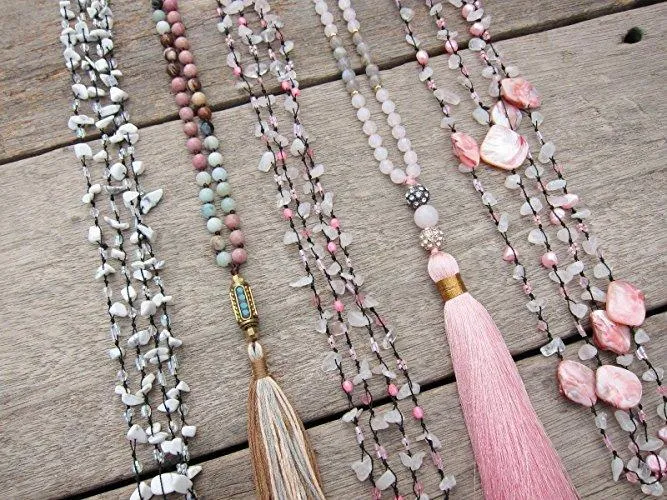 SALE - Bohemian Pink Opal, Rose Quartz Layering Necklaces - 60 inches long