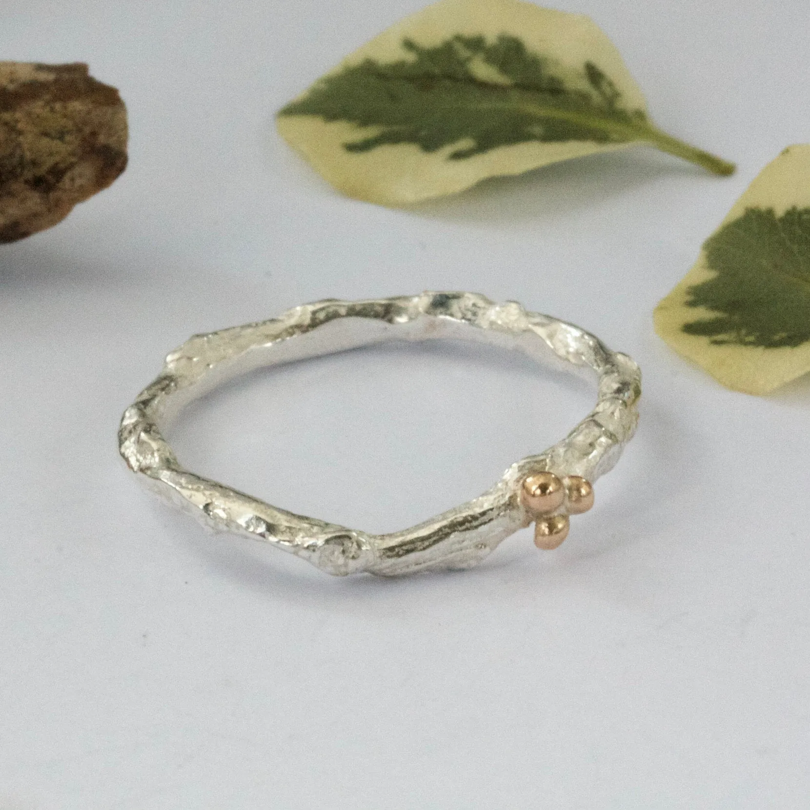 Silver and Gold Twig and Berry Shaped Wedding Ring, Rustic Wedding Ring