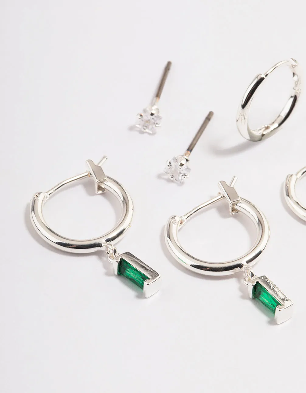 Silver Plated Cubic Zirconia Emerald Cut Huggie Earrings 6-Pack