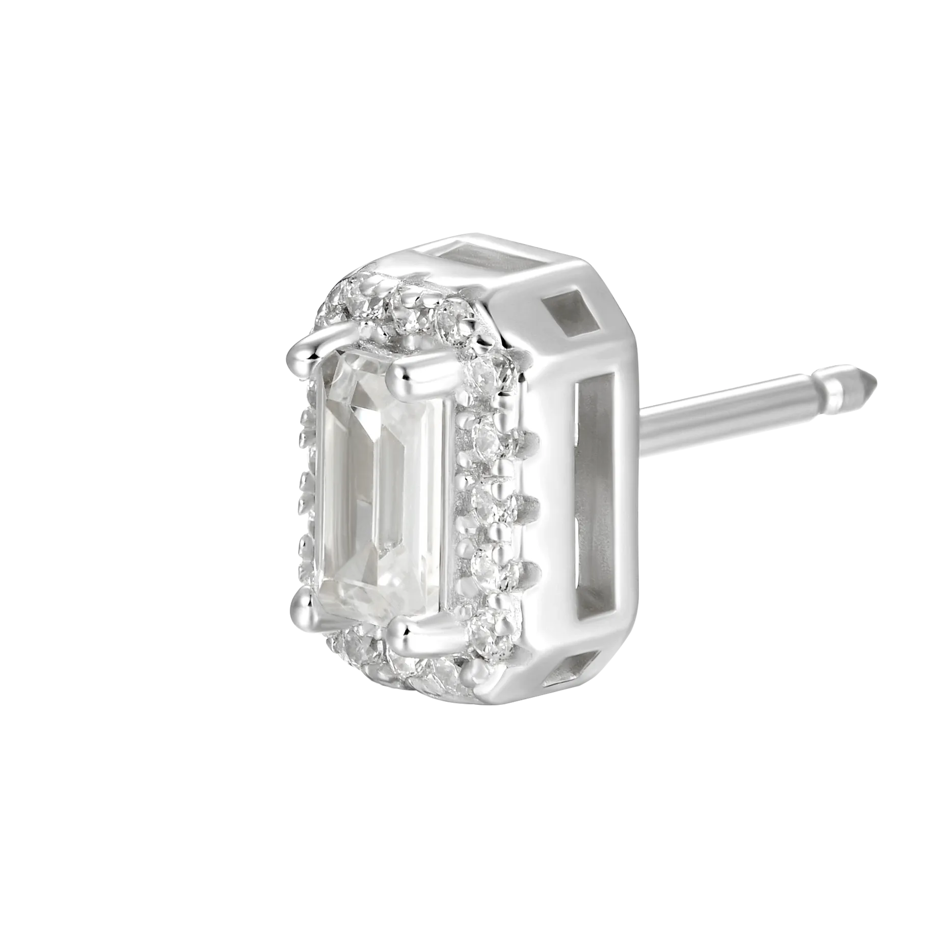 Single Emerald Cut Halo Stud Earring