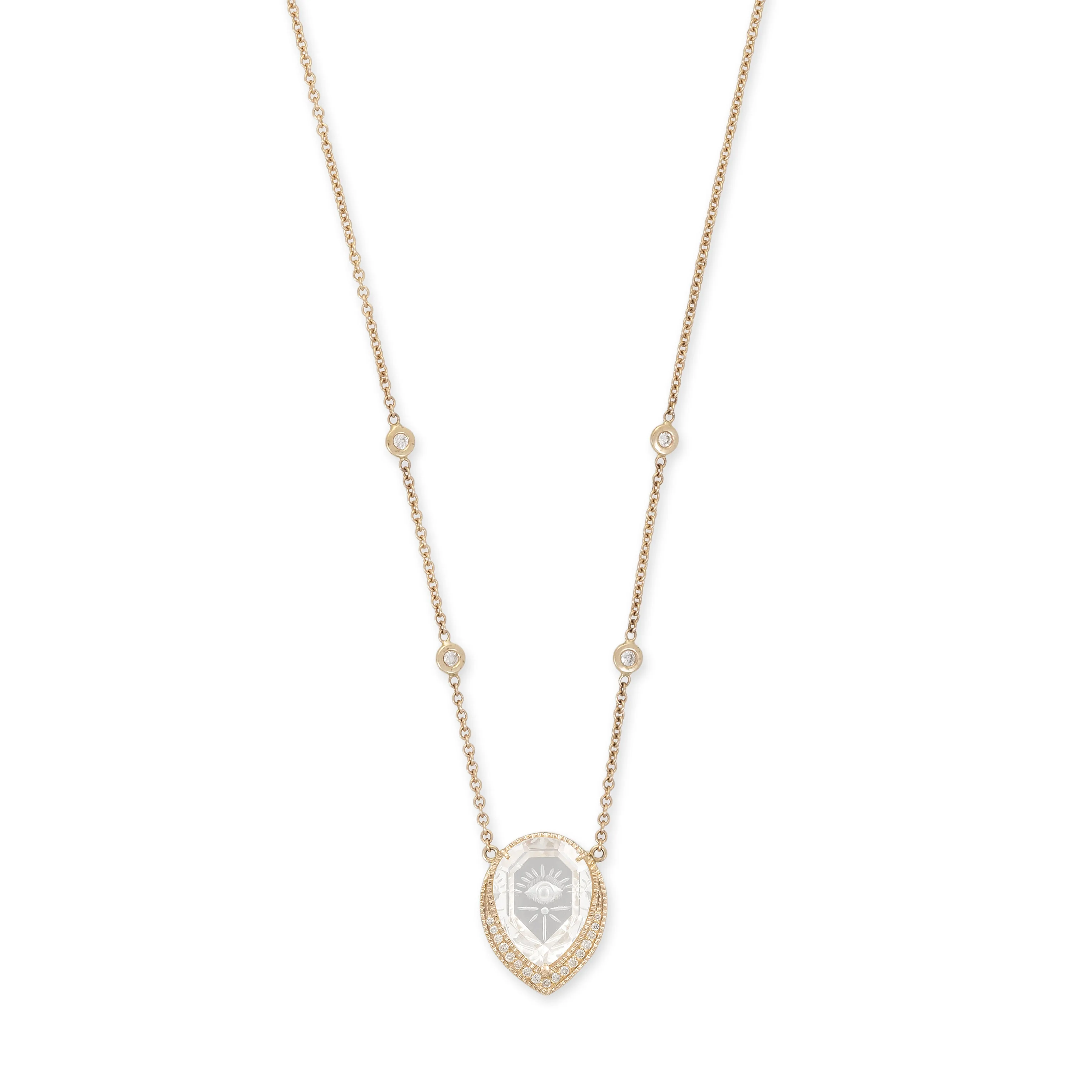 SMALL PAVE CARVED EYE BURST CLEAR QUARTZ TEARDROP NECKLACE