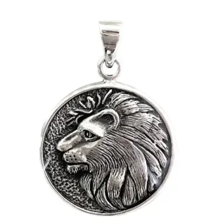 Solid Silver Lion Men's Pendant Necklace, Relief Lion Head Man Medallion, African Wild Lion Silver Men Necklace Pendant for Men and Women